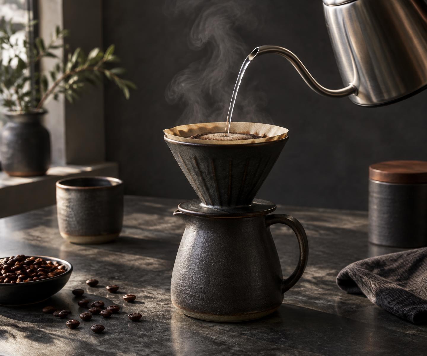 Fresh coffee brewing in a ceramic pour-over dripper